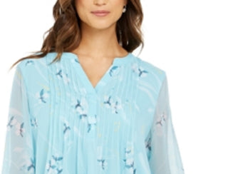 Charter Club Women's Double Ruffle Printed Pintuck Top Blue Size XX-Large