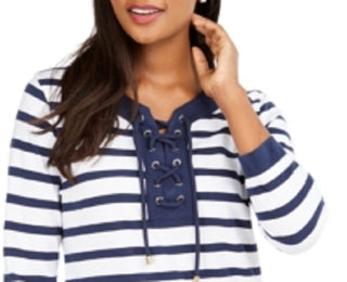 Charter Club Women's Cotton Lace Up Grommet Neck Tunic Blue Size X-Small