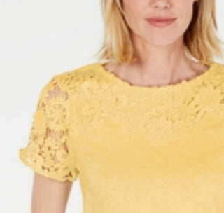 Charter Club Women's Cotton Lace Embellished T-Shirt Yellow Size Medium