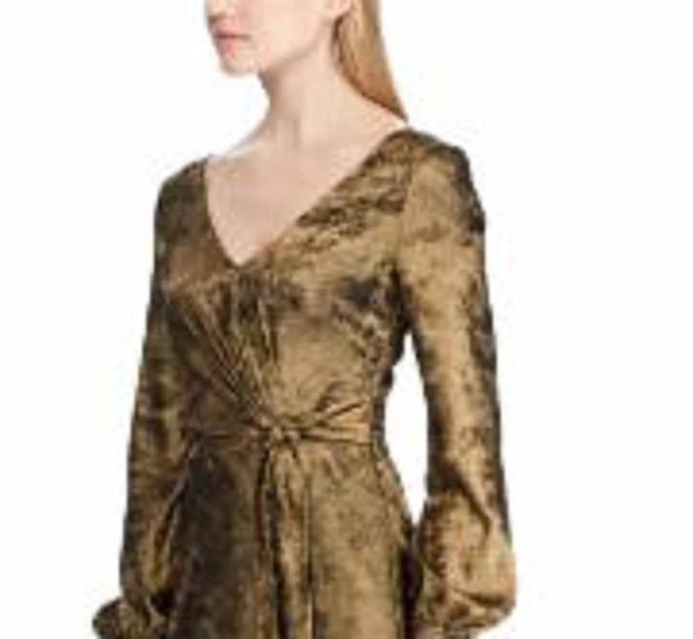 Ralph Lauren Women's Long Sleeve Tea Length Wrap Dress Gold Size 8
