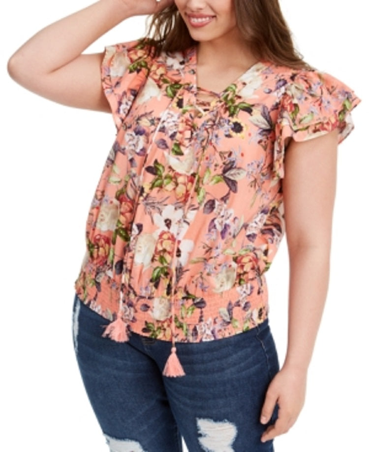 INC International Concepts Women's Floral Cotton Top Pink Size 1X