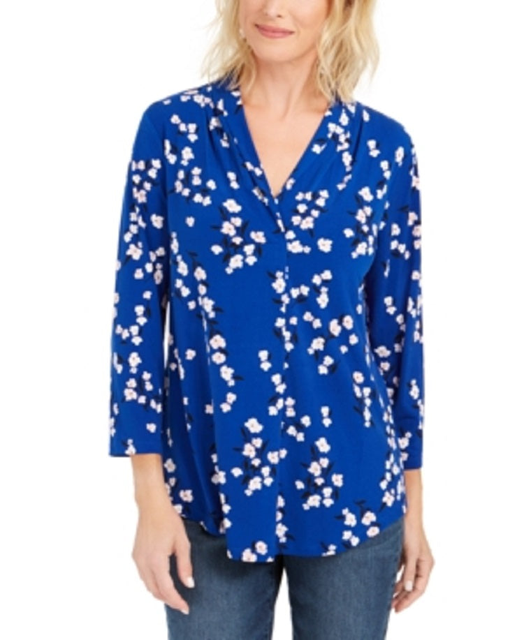 Charter Club Women's Floral Print Pleated V Neck Blouse Blue Size Large
