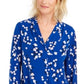 Charter Club Women's Floral Print Pleated V Neck Blouse Blue Size Large