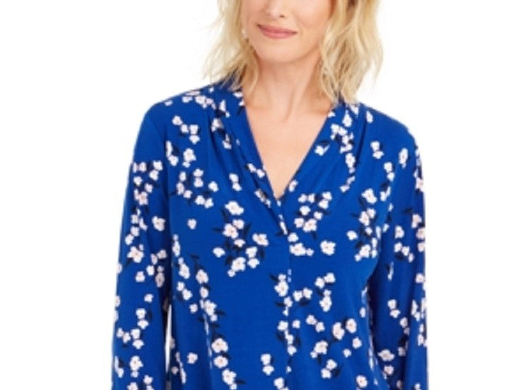 Charter Club Women's Floral Print Pleated V Neck Blouse Blue Size Large