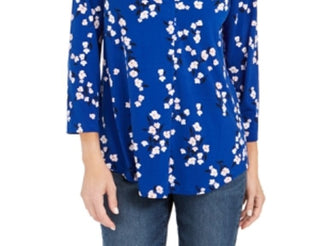 Charter Club Women's Floral Print Pleated V Neck Blouse Blue Size Large