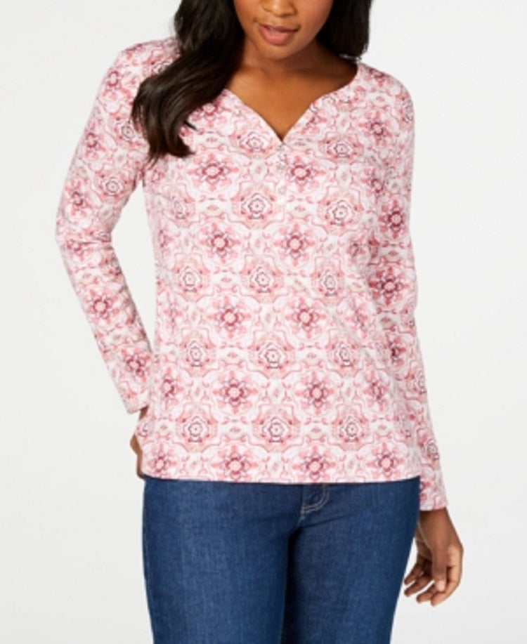 Karen Scott Women's 3/4 Sleeve Printed Henley Pink Size XX-Large
