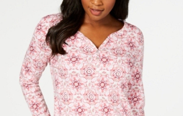 Karen Scott Women's 3/4 Sleeve Printed Henley Pink Size XX-Large