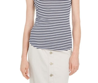 Charter Club Women's Striped Scoop Neck Tank Top Dark Blue/ White Size Large