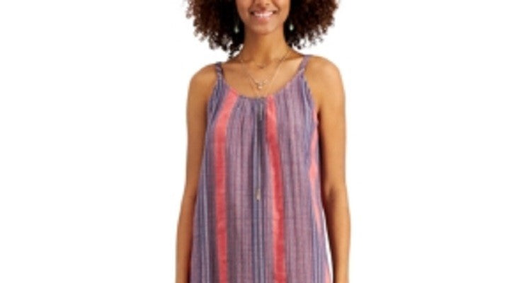 Style & Co Women's Striped Tiered Midi Dress Orange/Blue Size Petite M