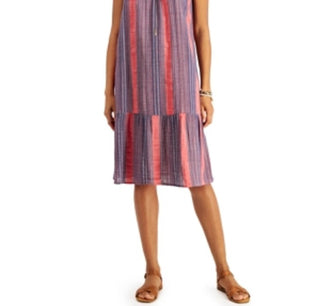 Style & Co Women's Striped Tiered Midi Dress Orange/Blue Size Petite M