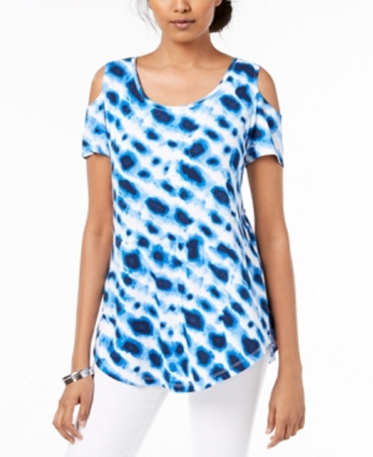 JM Collection Women's Printed Cold Shoulder Top Blue Size X-Small