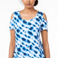 JM Collection Women's Printed Cold Shoulder Top Blue Size X-Small