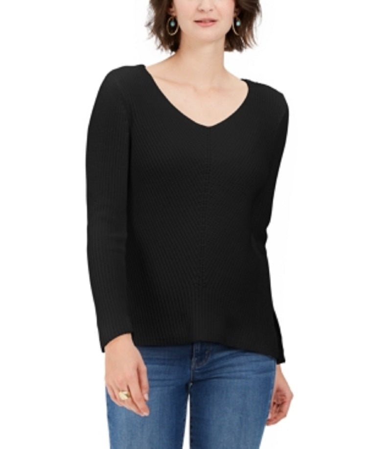 Style & Co Women's Cotton Rib Knit V Neck Sweater Black Size Large