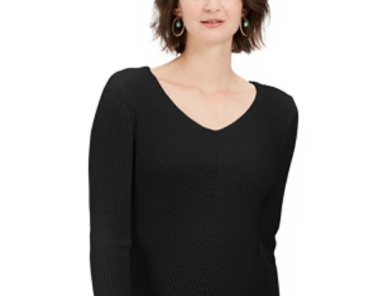 Style & Co Women's Cotton Rib Knit V Neck Sweater Black Size Large