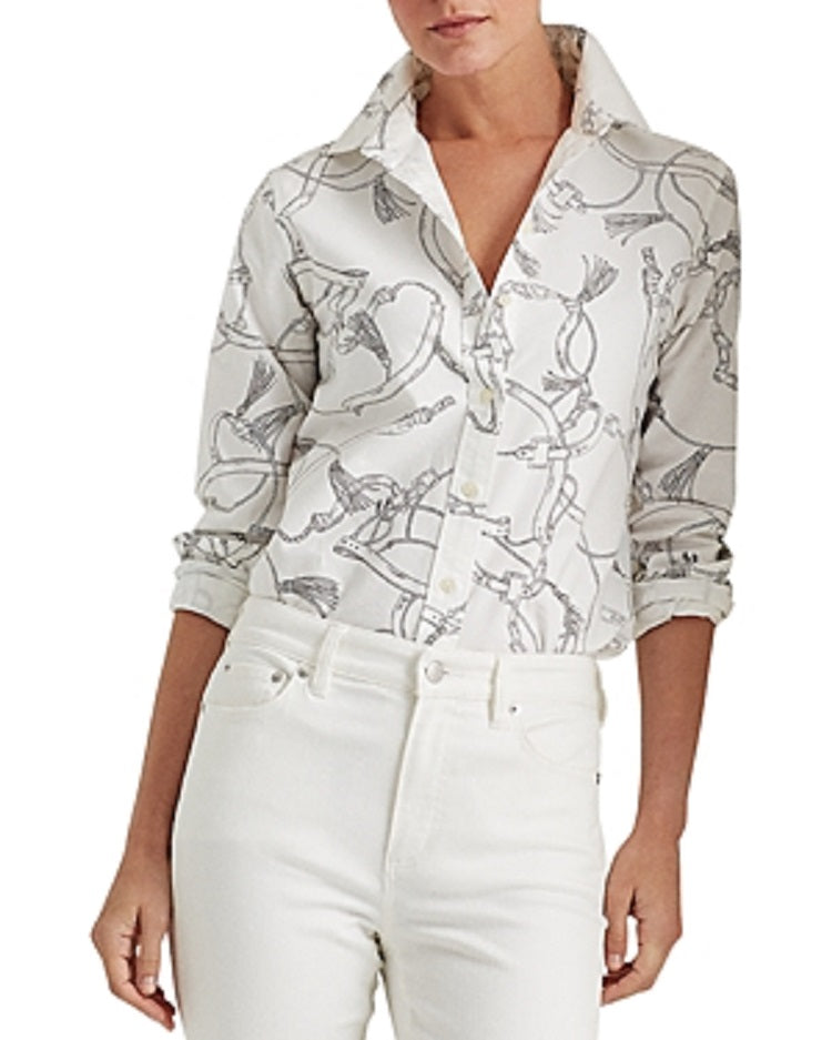 Ralph Lauren Women's Lauren Equestrian Print Shirt White Size XX-Large