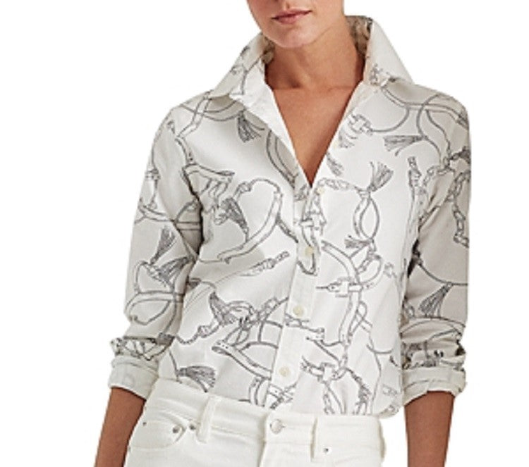 Ralph Lauren Women's Lauren Equestrian Print Shirt White Size XX-Large