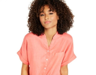 Charter Club Women's Linen Tie Front Shirt Coral Petite Small
