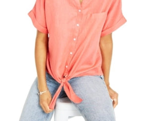 Charter Club Women's Linen Tie Front Shirt Coral Petite Small
