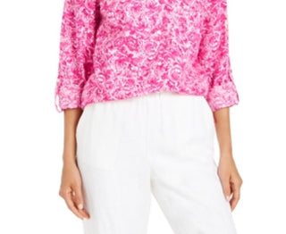 Charter Club Women's Linen Printed Blouse Pink Size X-Large