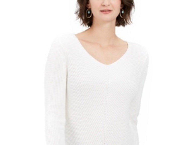 Style & Co Women's Ribbed V Neck Cotton Sweater White Size X-Large