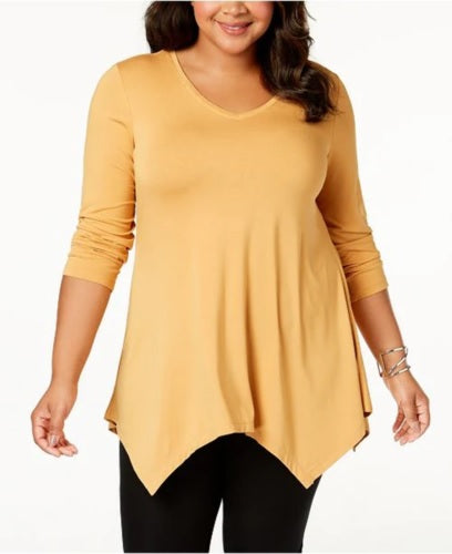 JM Collection Women's V Neck Handkerchief Hem Top -Yellow Size X-Large