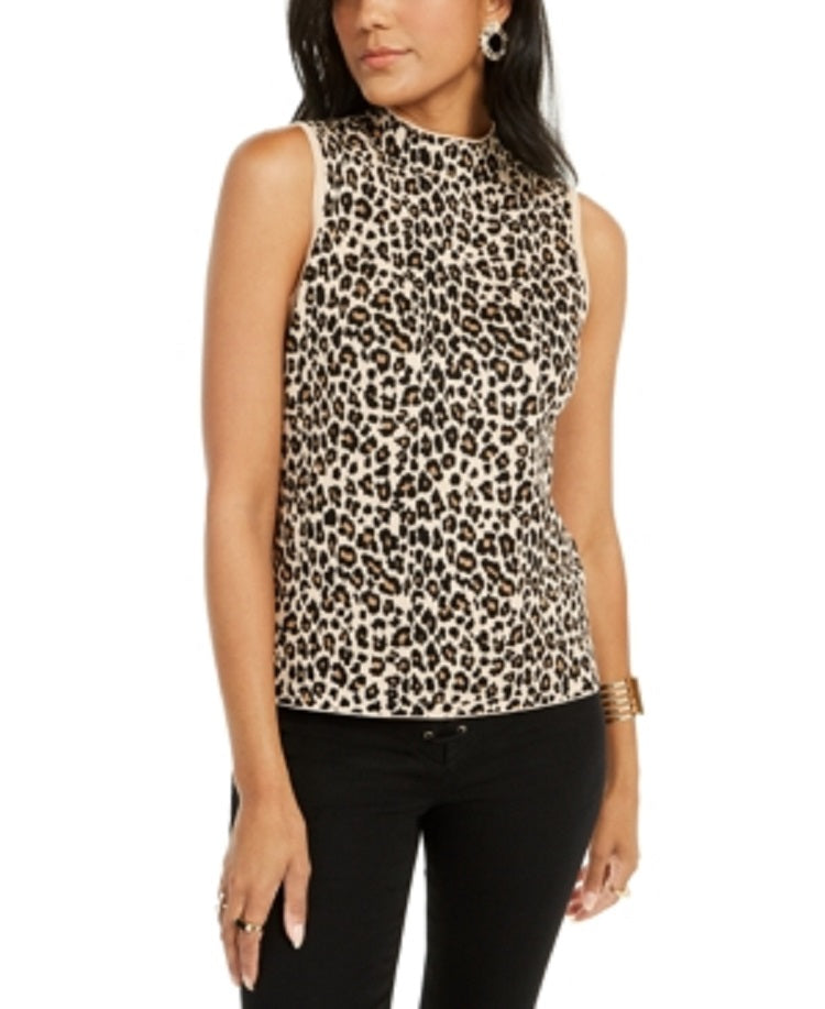 Thalia Sodi Women's Leopard Print Mock Neck Sleeveless Top Brown Size Large