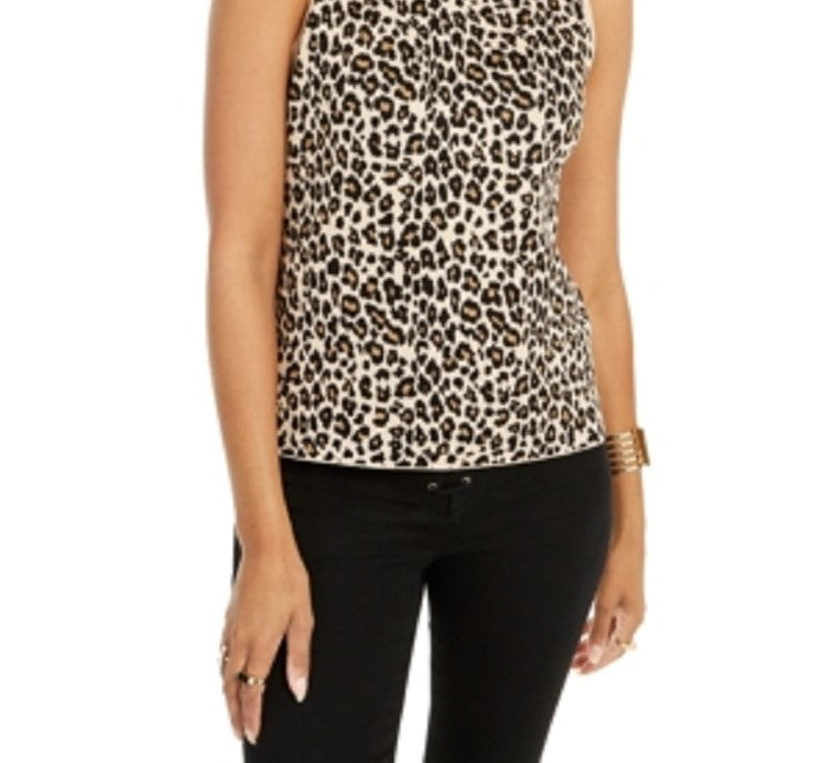 Thalia Sodi Women's Leopard Print Mock Neck Sleeveless Top Brown Size Large