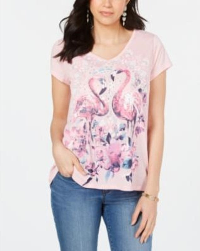Style & Co Women's T-Shirt V-Neck Flamingo Graphic Pink Size X-Small