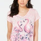 Style & Co Women's T-Shirt V-Neck Flamingo Graphic Pink Size X-Small