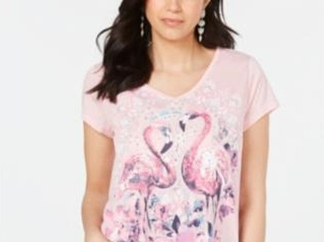 Style & Co Women's T-Shirt V-Neck Flamingo Graphic Pink Size X-Small