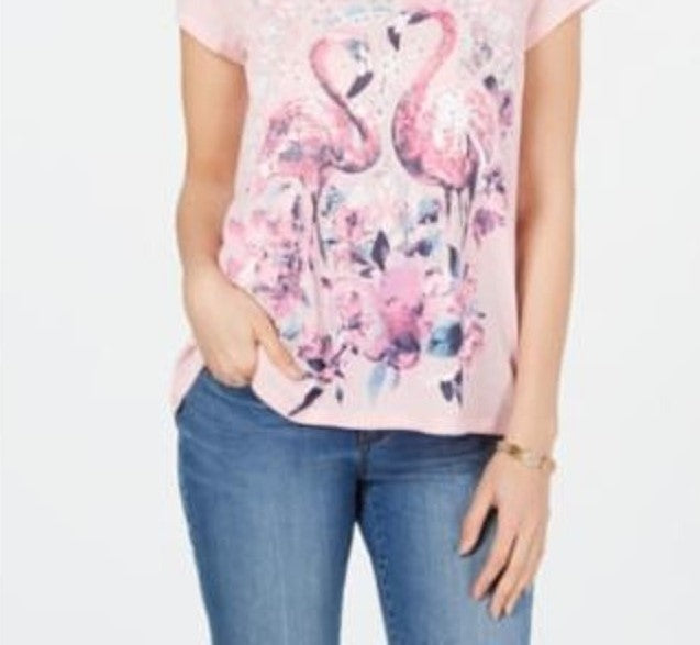 Style & Co Women's T-Shirt V-Neck Flamingo Graphic Pink Size X-Small