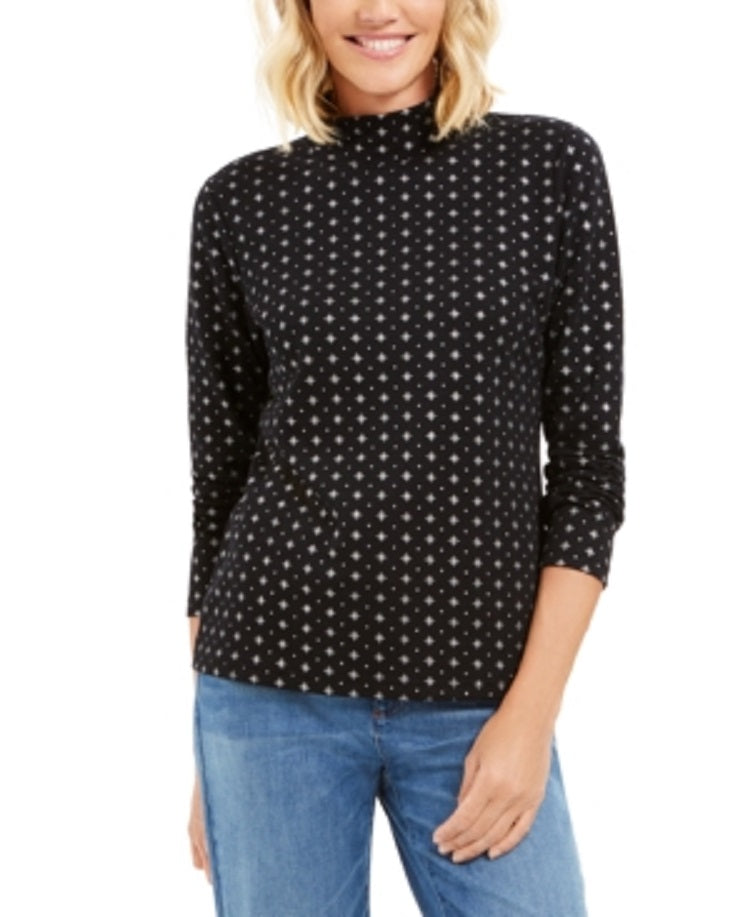 Karen Scott Women's Snowflake Dot Printed Mock Neck Top Black Size Medium