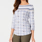 Charter Club Women's 3/4 Sleeve Printed Top White Size Petite Medium