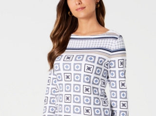 Charter Club Women's 3/4 Sleeve Printed Top White Size Petite Medium