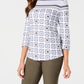 Charter Club Women's 3/4 Sleeve Printed Top White Size Petite Medium