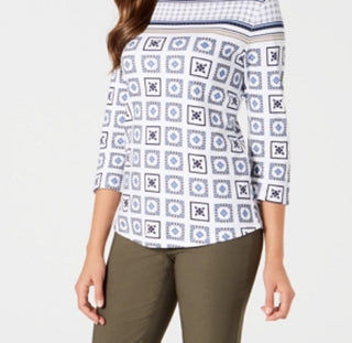 Charter Club Women's 3/4 Sleeve Printed Top White Size Petite Medium