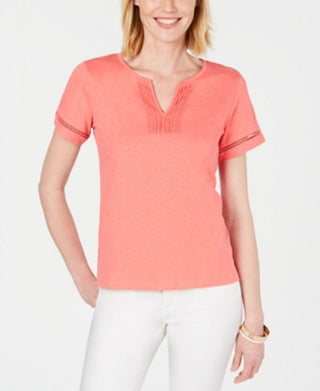 Charter Club Women's Split Neck Cotton Top Coral Size Small
