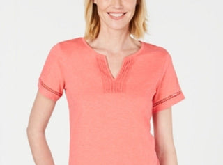 Charter Club Women's Split Neck Cotton Top Coral Size Small