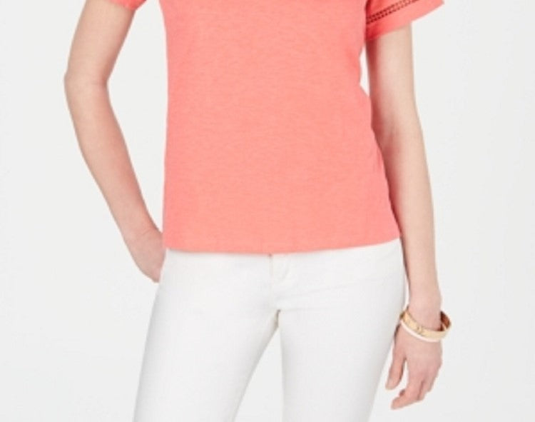 Charter Club Women's Split Neck Cotton Top Coral Size Small