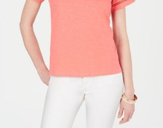 Charter Club Women's Split Neck Cotton Top Coral Size Small