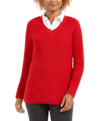 Charter Club Women's Solid Long Sleeve V Neck T-Shirt Top Red Size Small