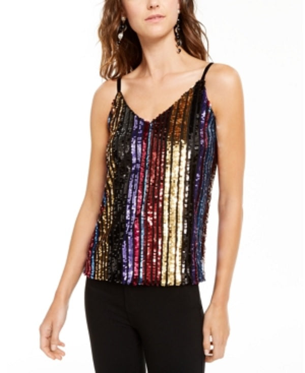 INC International Concepts Women's Striped Spaghetti Strap V Neck Tank Top Pink Size Large