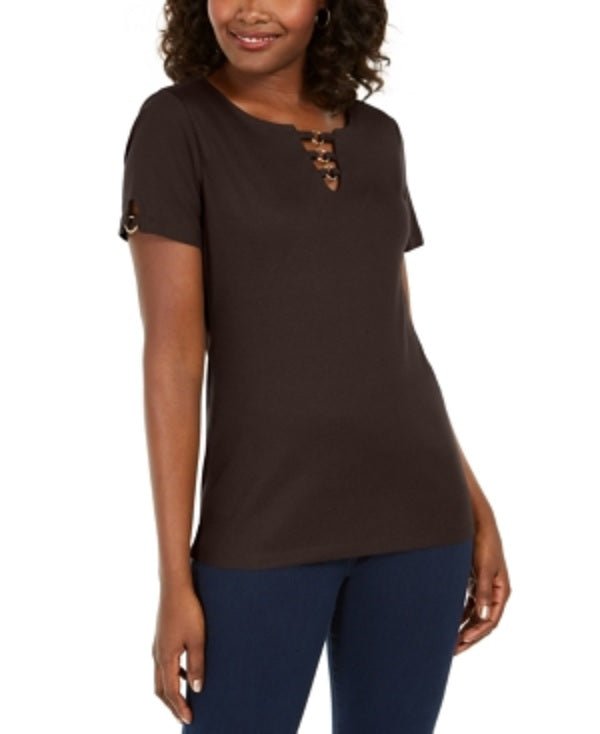 Karen Scott Women's Triple Ring Cutout Top Brown  Size Large