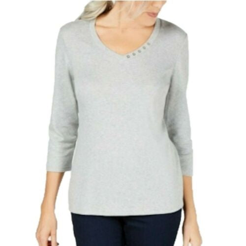 Karen Scott Women's Grommet Neck Cotton Top Gery Size X-Small
