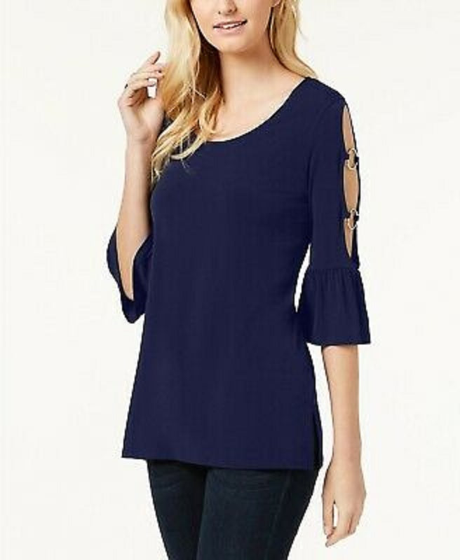 JM Collection Women's Ring Detailed Cutout Ruffle Sleeved Top Blue Size X-Small
