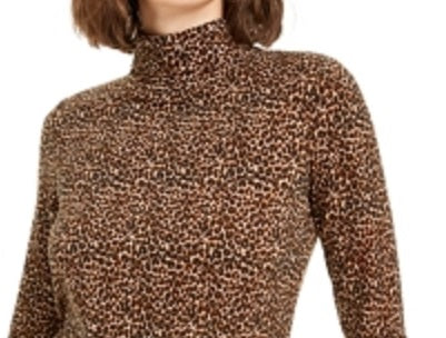 Bar III Women's Animal Print Turtleneck Top truffle Brown Size Medium
