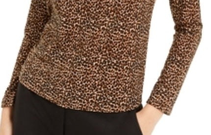 Bar III Women's Animal Print Turtleneck Top truffle Brown Size Medium