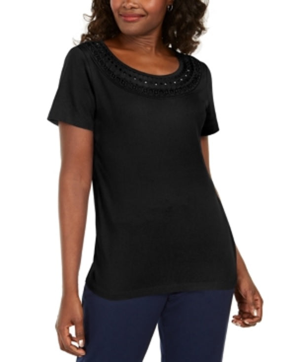 Karen Scott Women's Cotton Crochet Trim T-Shirt Black Size X-Small