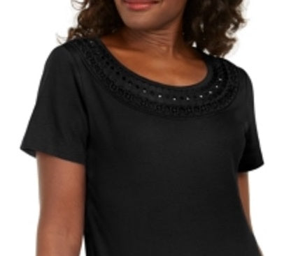 Karen Scott Women's Cotton Crochet Trim T-Shirt Black Size X-Small