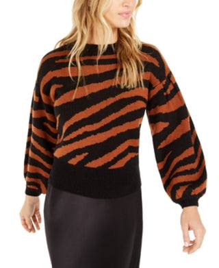 Bar III Women's Zebra Print Volume Sleeve Sweater Gingerbread Orange Size X-Small